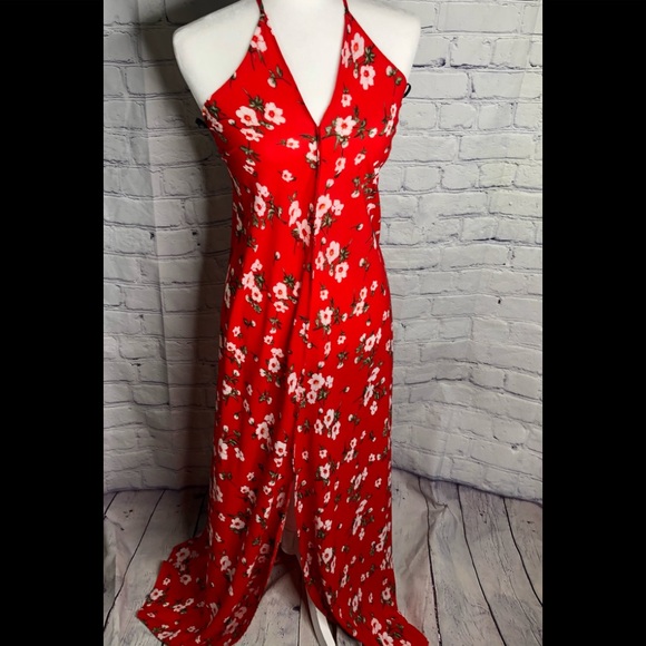 Missguided Womens Floral Chiffon Maxi Dress Red Split Front Strappy Size 2 - Picture 1 of 6